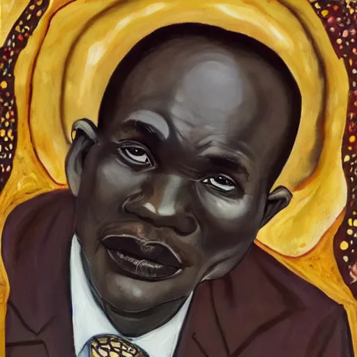 Prompt: a painting of a happy fatherly wide forehead, long nose, round face, XXL , loving, caring, generous, ever-present, humble, wise elder from Kenya in a suit by Wangechi Mutu . Fatherly/daddy, focused, loving, leader, relaxed,. ethereal lights, details, smooth, sharp focus, illustration, realistic, cinematic, artstation, award winning, rgb , unreal engine, octane render, cinematic light, macro, depth of field, blur, red light and clouds from the back, highly detailed epic cinematic concept art CG render made in Maya, Blender and Photoshop, octane render, excellent composition, dynamic dramatic cinematic lighting, aesthetic, very inspirational, arthouse.