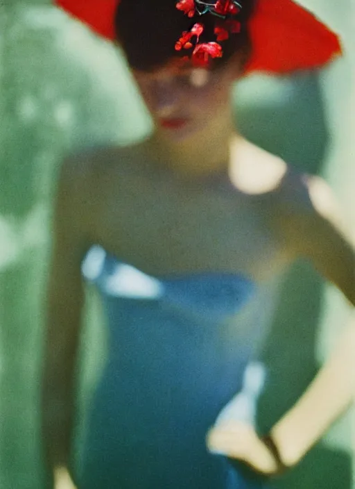 Image similar to out of focus, head to shoulders woman, photography by saul leiter and ernst haas in a decorated pompeii peristylium, tea green, airforce blue, red, pale skin, closed eyes