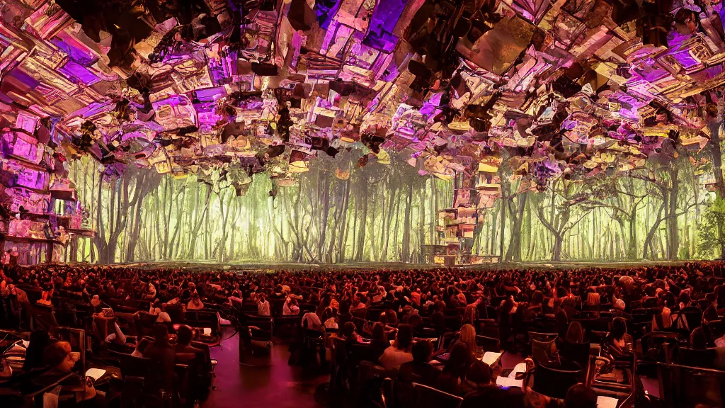 Prompt: fantastical opera set featuring glowing stacked computer monitors on stage, with dancers suspended from the ceiling. And trees on stage. A theater set of a forest with stacked computers. Professional photo from the perspective of the audience with the blurry shadows of audience members in the foreground. Inside the Metropolitan Opera House.