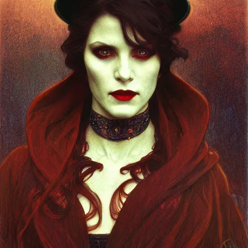 Prompt: portrait of a lady vampire, 35mm, 1920', depth of field, ominous, sharp, photorealistic, realistic, high definition, 8k, deviantart, donato giancola, irwin penn, Alphonse Mucha