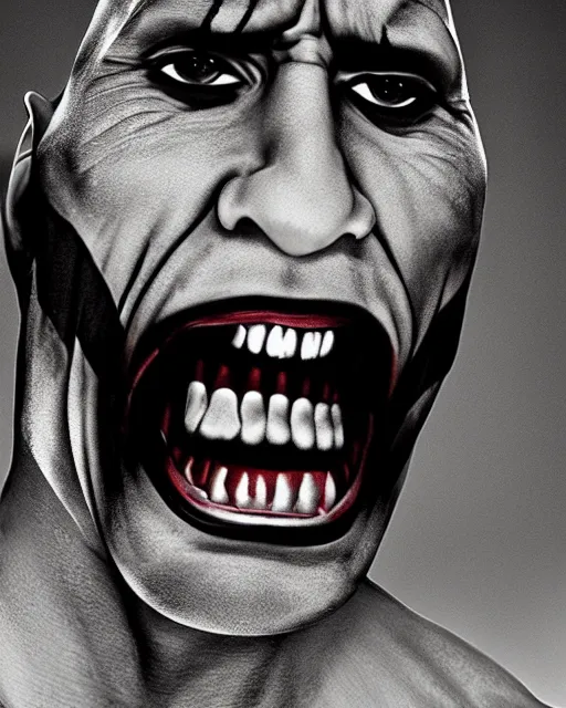 Image similar to Film still close-up shot of Dwayne The Rock Johnson as The Joker from the movie The Dark Knight. Photographic, photography