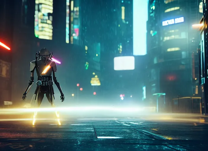 Prompt: 3 5 mm portrait photo of general grievous fighting obi wan kenobi in the city in the rain. cyberpunk horror in the style of george lucas. unreal engine render with nanite and path tracing.