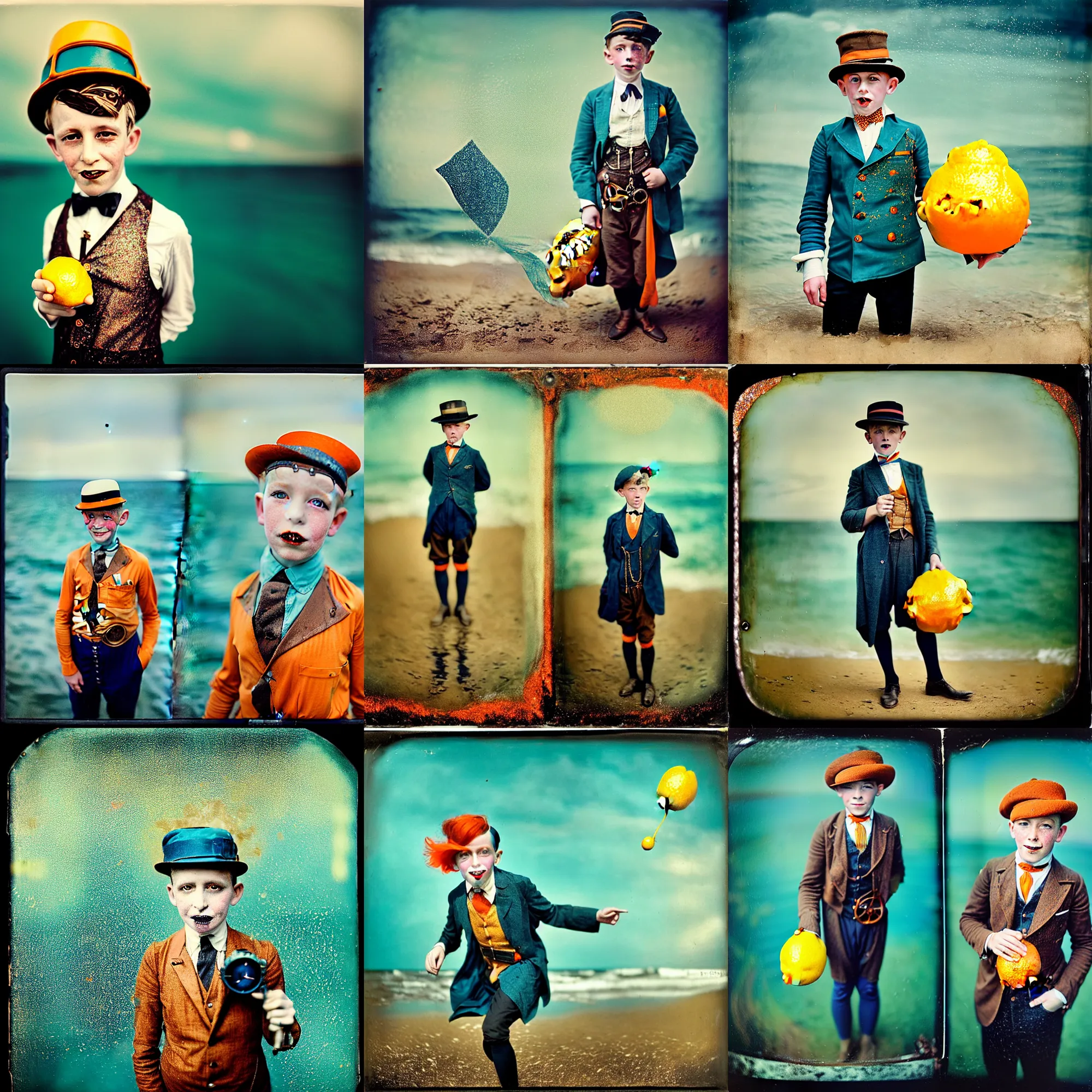 Prompt: kodak portra 4 0 0, wetplate, motion blur, portrait photo of a spitting 8 year old steampunk boy in the 1 9 2 0 s at the sea, wearing a lemon, marilyn manson, 1 9 2 0 s cloth hair, coloured in teal and orange, muted colours, by britt marling, glitter storm