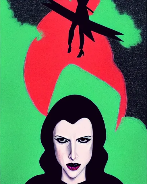 Image similar to Irina French art, Rachel Walpole art, cinematics lighting, beautiful Anna Kendrick supervillain, green dress with a black hood, angry, symmetrical face, Symmetrical eyes, full body, flying in the air over city, night time, red mood in background