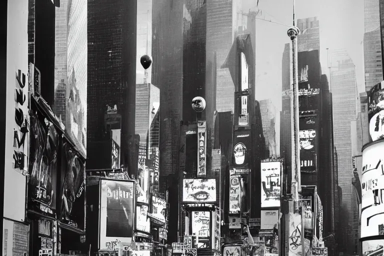 Prompt: an intricate, awe inspiring cyberpunk photograph of a girl with balloon, Times Square, by Ansel Adams ((black and white))