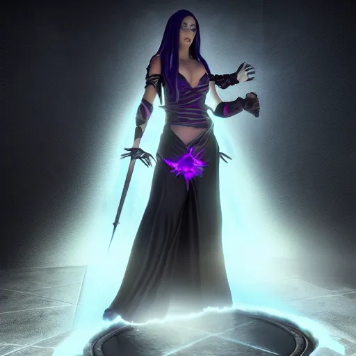 Image similar to beautiful dark sorceress female, 3d render, cinematic shot, hyper realistic