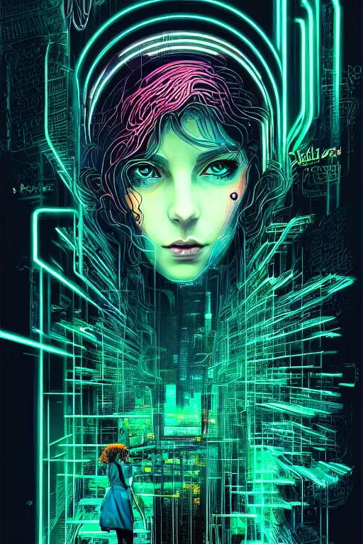 Image similar to dreamy cyberpunk girl, abstract smoke neon, digital nodes, computer network, beautiful woman, detailed acrylic, grunge, intricate complexity, by dan mumford and by alberto giacometti, arthur rackham