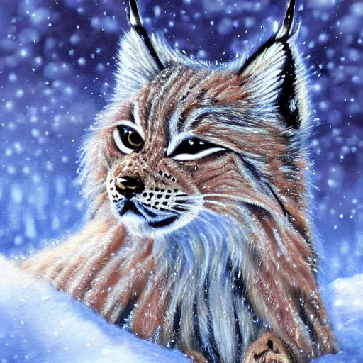 Prompt: cute fluffy lynx sitting in snowy winter landscape detailed painting 4 k