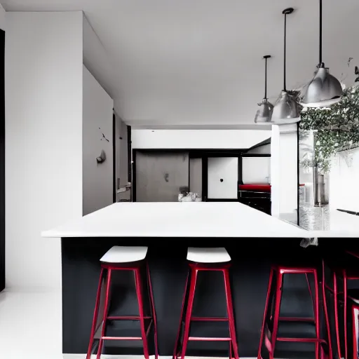 Prompt: photo of black, matte kitchen fronts surfaces and furniture, dark red walls at the back, white floor tiles on the ground, architecture, concept art