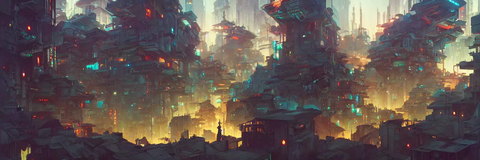 Image similar to cyberpunk favelas, by peter mohrbacher