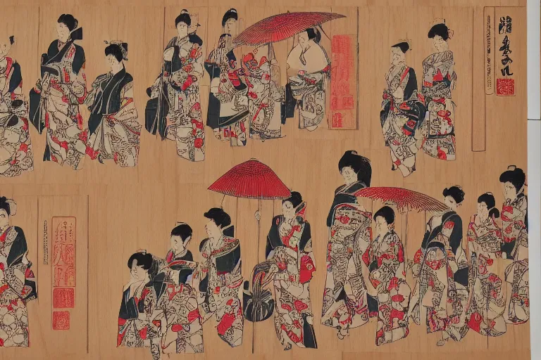Prompt: geishas walking with umbrellas patterned dresses highly detailed fine wood block print