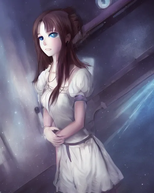 Image similar to a teenage girl on a haunted ship, full shot, anime, digital art, captures emotion and movement, ambient lighting, perfect composition, dynamic lighting, detailed face, very extremely detailed blue eyes, smooth shading