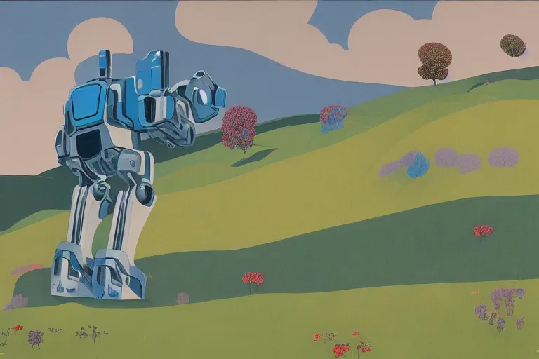 Image similar to giant mecha robot, blooming hills with spring flowers and pillars by helen lundeberg