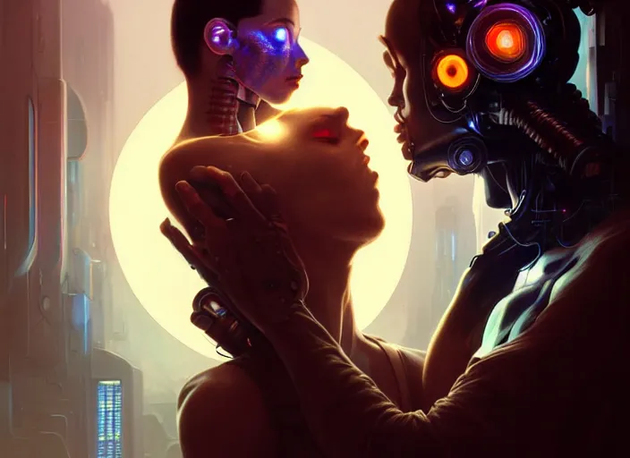 Image similar to ultra realistic medium shot of a couple of cyborgs kissing, lovers, cyberpunk, sci - fi, kodak, faces, colour led, soft light, volumetric lighting, fog, rays, night, intricate detailed, digital painting, concept art, smooth, sharp focus, illustration, art by artgerm and greg rutkowski and alphonse mucha