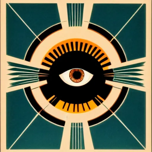 Image similar to logo of eye looking down on city, symmetrical, washed out color, centered, art deco, 1 9 5 0's futuristic, glowing highlights, intense