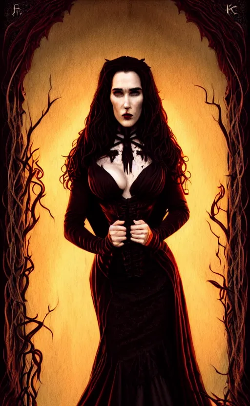 Image similar to jennifer connelly vampire queen, sharp fangs, blood, full body, intricate victorian dress, digital art, cinematic lighting, studio quality, symmetrical eyes, artgerm, joshua middleton, rafael albuquerque, moody lighting, candles, art style by klimt, nixeu and ian sprigger and wlop and krenz cushart