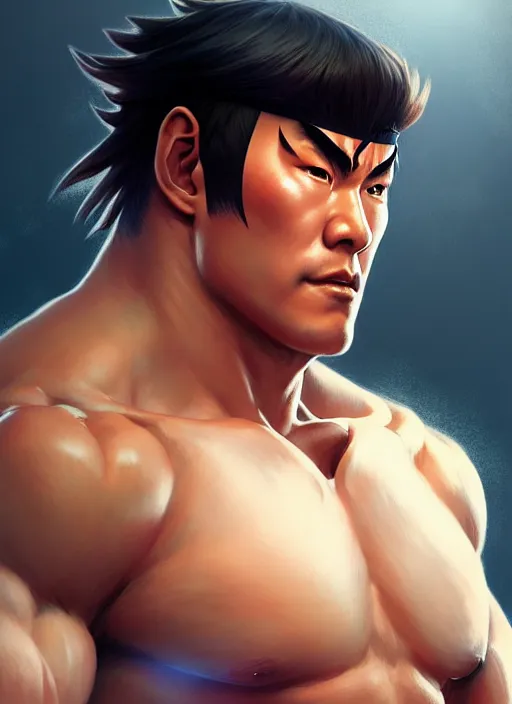 Image similar to Portrait of Ryu from Street Fighter, muscular, robes! intricate, elegant, highly detailed, digital painting, artstation, concept art, smooth, sharp focus, illustration, art by artgerm and greg rutkowski and alphonse mucha