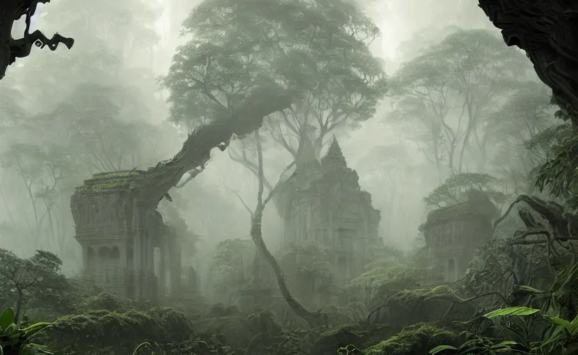 Prompt: dark khmer temple, dense jungle soft grey and green natural light, intricate, digital painting, artstation, concept art, smooth, sharp focus, illustration, art by greg rutkowski and luis rollo and uang guangjian and gil elvgren, symmetry!