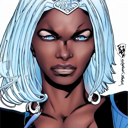 Prompt: Portrait of Ororo Munroe, a beautiful black woman in her 30s, with white hair and piercing blue eyes, detailed face, gentle kind expression, heroic, graphic novel, art by Chris Bachalo,