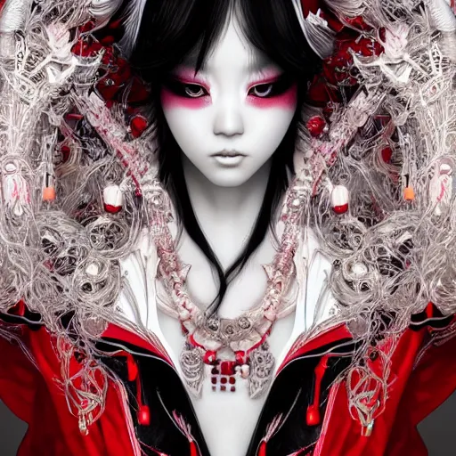 Image similar to albino maiko with very long fantasy hair, dluent composition, red and white neon, concept art, intricate details, highly professionally detailed, cgsociety, highly detailed -