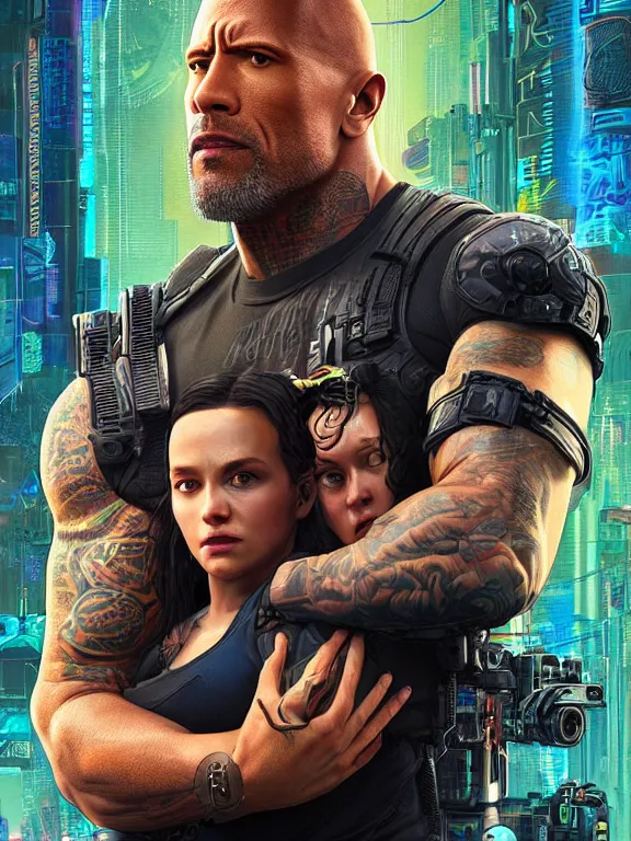 Image similar to a cyberpunk 2077 portrait of Dwayne Johnson holding a female android,complex mess of cables and wires behind them connected to giant computer,film lighting,by laurie greasley,Lawrence Alma-Tadema,William Morris,Dan Mumford, trending on atrstation,full of color,face enhance,sharp focus,highly detailed,8K, octane,golden ratio,cinematic lighting