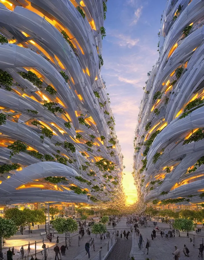 Image similar to vincent callebaut architectures, hyper realistic streetscapes stunning volumetric lighting sunset