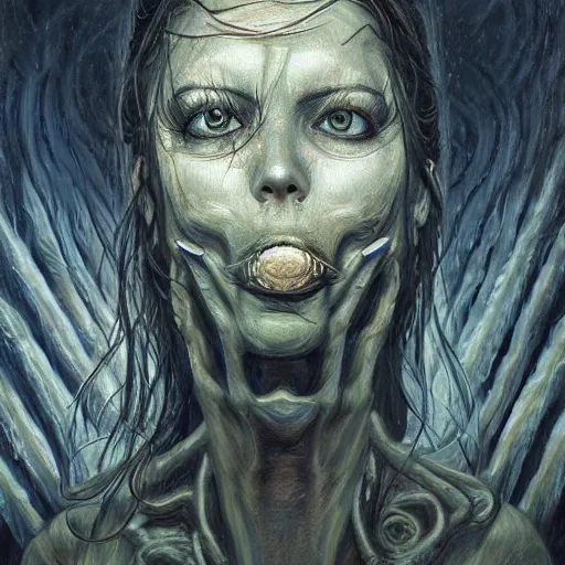 Image similar to eldritch angel from the edges of reality, pseudonatural, azathoth, pulsating, half-face, multiple eyes, multiple mouths, fallen heaven, oil painting, portrait, intricate complexity, rule of thirds, in the style of Adam Paquette, Svetlin Velinov, Daarken, Artgerm, Keith Thompson, and Eric Deschamps, magic the gathering art, character concept