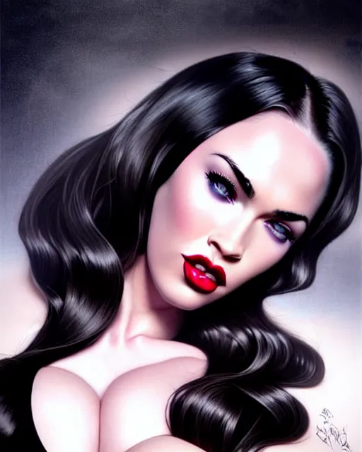 Prompt: 3 d megan fox with dark eye makeup and pink glossy lipstick, long windblown black hair, seductive camisole, pinup, intricate, glamorous fashion pose, sharp focus, illustration, highly detailed, digital painting, concept art, art by wlop and artgerm and ross tran, masterpiece, fritz willis, fine, arney freytag, charlie bowater, loish