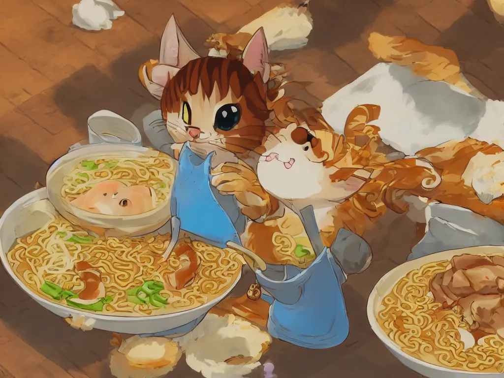 Image similar to Cute kawaii cat eating a bowl of ramen in The Legend of Zelda Breath of the Wild, toon shading, npr