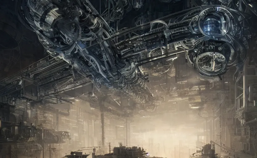 Image similar to Industrial complex, hyperrealistic mixed media, stunning 3d render inspired art by P. Craig Russell and Barry Windsor-Smith + perfect facial symmetry + dim volumetric lighting, 8k octane beautifully detailed render, post-processing, extremely hyperdetailed, intricate futuristic mechanic parts, epic composition, grim yet sparkling atmosphere, cinematic lighting + masterpiece, trending on artstation