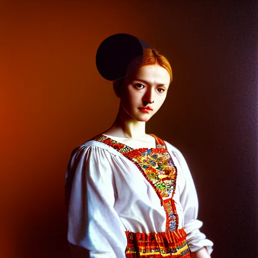 Image similar to hyperrealism photography in caravaggio style computer simulation visualisation of parallel universe sit - com scene with beautiful highly detailed ukrainian woman wearing ukrainian traditional shirt designed by taras shevchenko and woman wearing retrofuturistic sci - fi neural interface by josan gonzalez. hyperrealism photo on pentax 6 7, kodak portra 4 0 0 volumetric natural light - s 1 5 0