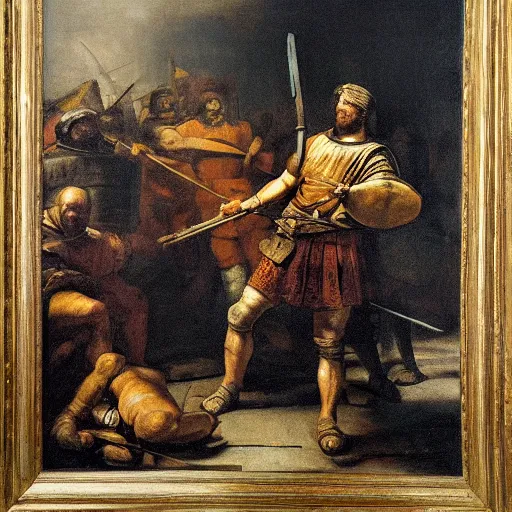 Prompt: spartan hoplite in the us Senate building cooking steak oil on canvas in the style of rembrandt