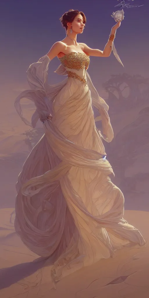 Prompt: mayors beautiful daughter, elegant dress, sand, intricate, highly detailed, digital painting, artstation, concept art, smooth, sharp focus, illustration, Unreal Engine 5, 8K, art by artgerm and greg rutkowski and alphonse mucha, by Jesper Ejsing