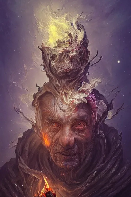 Image similar to the look of an elderly person necromancer witch - doctor covered with ice exploding into fire, full of wrinkles and imperfections, electricity highly detailed, high contrast, light reflection, trippy, nebula, trending on artstation by artgem, by peter mohrbacher, by wlop, by ruan jia