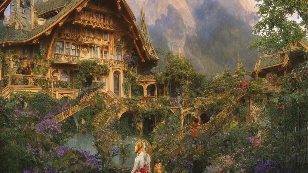 Image similar to a beautiful painting of art nouveau swiss chalet elven rivendell at sunrise, with an elven girl looking out from her balcony, intricate, elegant, highly detailed, digital painting, artstation, concept art, by krenz cushart and artem demura and alphonse mucha