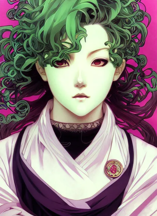 Image similar to detailed portrait art of tatsumaki with green curly hair, art by ross tran ilya kuvshinov krenz cushart, by alphonse mucha, very detailed, intricate, digital anime art, sharp focus