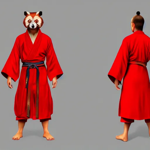 Image similar to highly detailed full body picture of a red panda in shaolin robes, concept art, digital art, studio lightning, bright colors, intricate, masterpiece, photorealistic, hiperrealistic, sharp focus, high contrast, intricate, Artstation HQ, DeviantArt trending, 4k UHD, Unreal Engine 5
