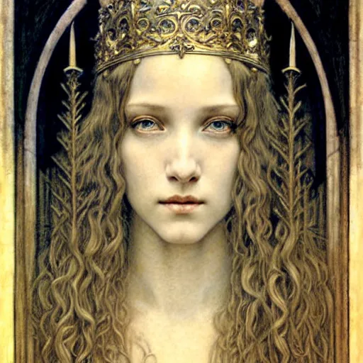 Image similar to detailed realistic beautiful young medieval queen face portrait by jean delville, gustave dore and marco mazzoni, art nouveau, symbolist, visionary, gothic, pre - raphaelite. horizontal symmetry