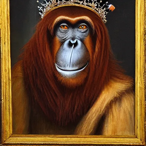 Image similar to a royal medieval portrait painting of an orangutan wearing a crown and smoking a cigarette, 4 k, hyper realistic, dslr, landscape, high resolution, painting,