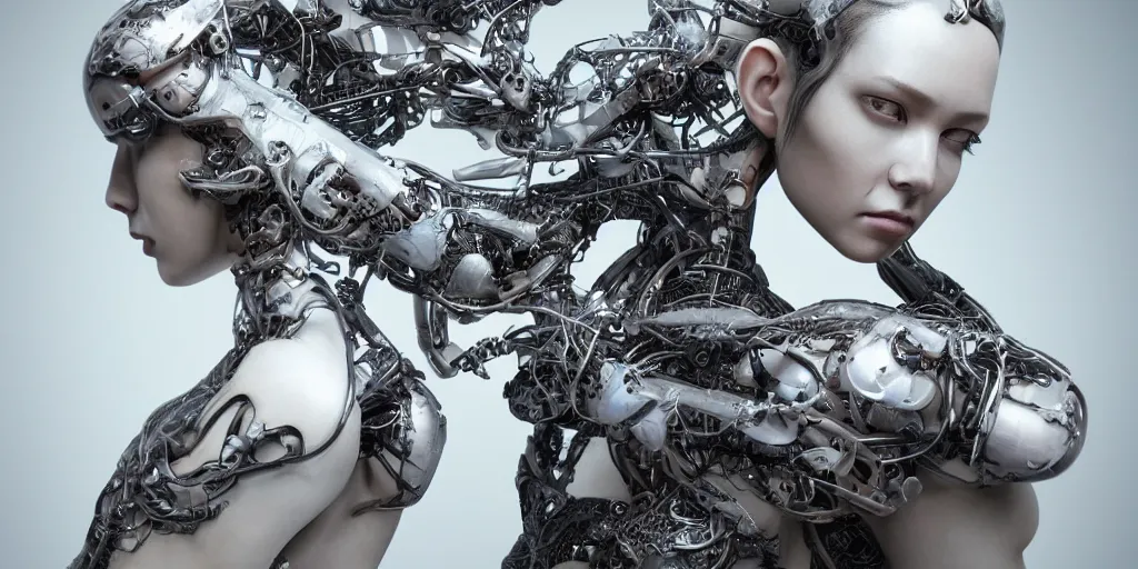 Image similar to hyper realistic photography of a stunningly beautiful cyborg female, circuitry, elbow, chest, intimate, holding close, hands, in the style of beth cavener, jin kagetsu,, and wlop, highly detailed, intricate filigree, masterpiece, award winning, sharp focus, concept art, ringflash lighting, ambient lighting, octane render, 8 k, artstation