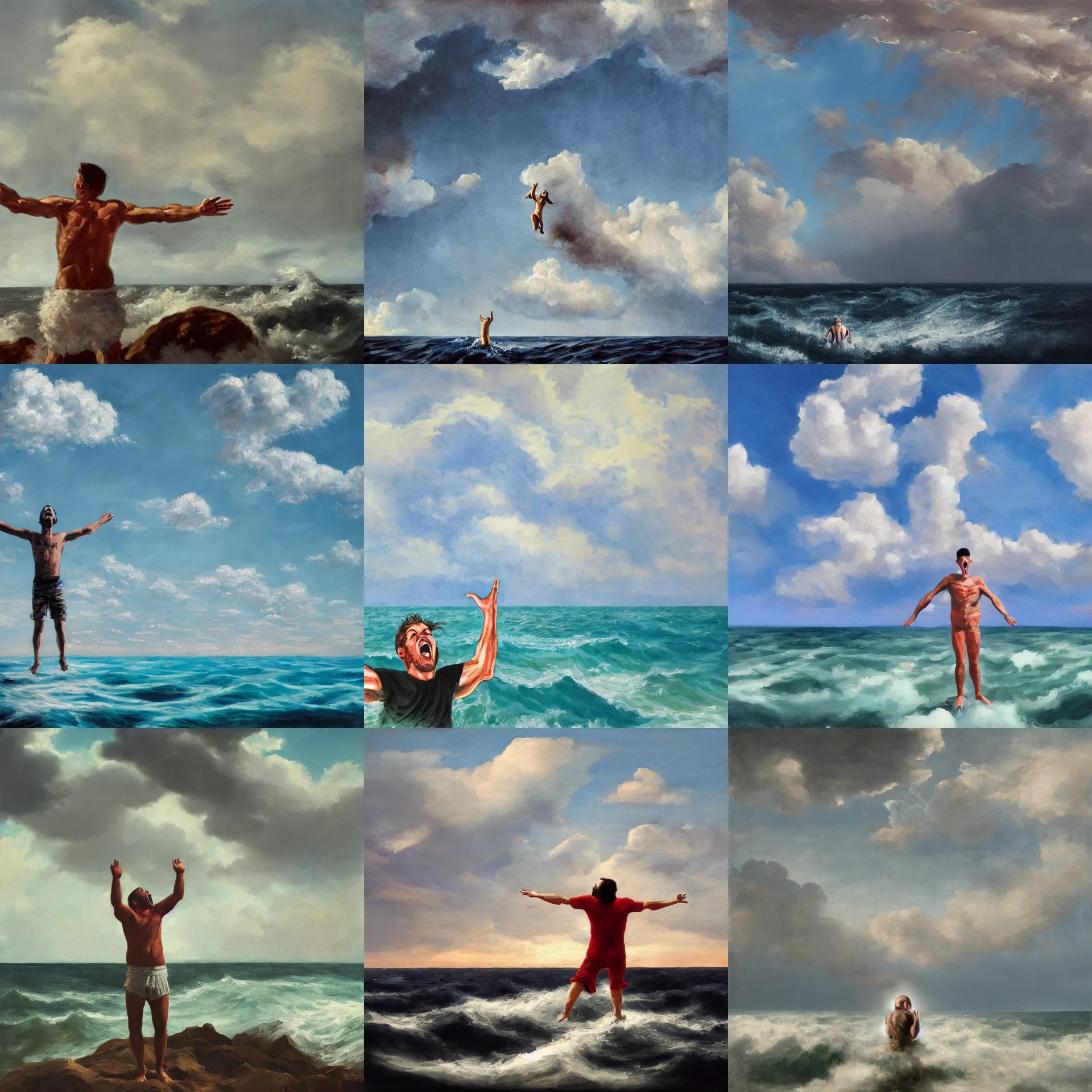 Prompt: painting of a screaming man standing in the middle of the sea, his arms held by fluffy clouds stretching up to the sky, dramatic lighting