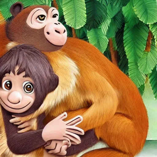 Image similar to realistic Mowgli hugging a monkey wearing a birthday hat, birthday, happy, hyper realistic, highly detailed