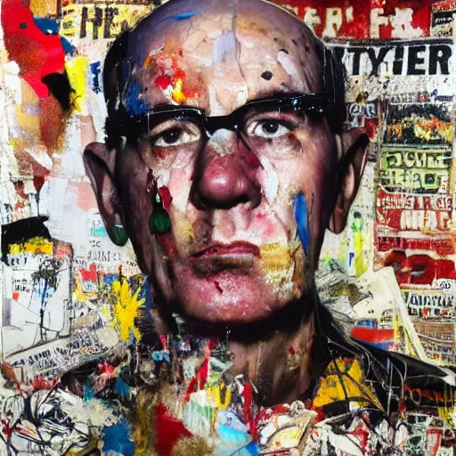 Prompt: hyperrealistic, photorealistic, mixed media oil painting of hunter s thompson, magazine scraps, plaster, blood, oil, mustard, splatter, greg rutkowski, basquiat, ralph steadman, wesley kimler, terry gilliam, andy warhol