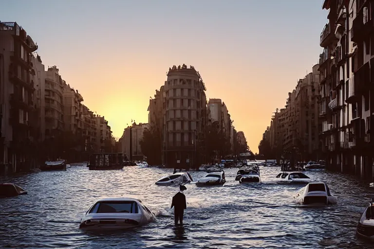 Image similar to views of people on boats on a catastrophic barcelona, buildings covered with high water, floating cars, sunset lighting, photo real