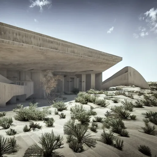 Image similar to hyper detailed ultra sharp rendering of brutalism conceptual building in the desert, biophilia mood, pool, garden, highly detailed, cinematic, photorealistic,