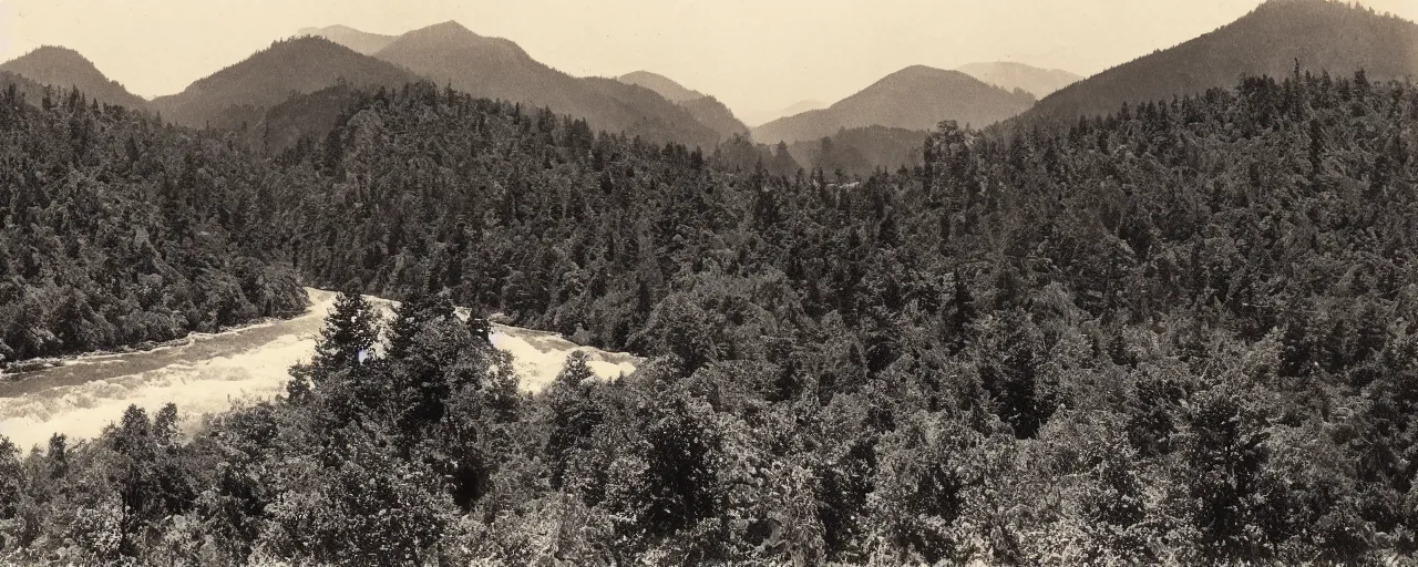 Prompt: An analog Kodak film picture of vast rolling hills and mountains dotted with trees and winding rivers, circa 1912