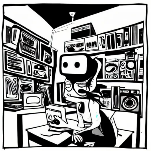 Image similar to goth computer nerd in a cluttered room wearing a vr headset, by jamie hewlett, character concept, aesthetic!!,