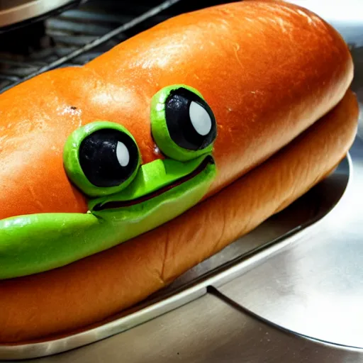 Image similar to pepe the frog in a hot dog bun on a grill.