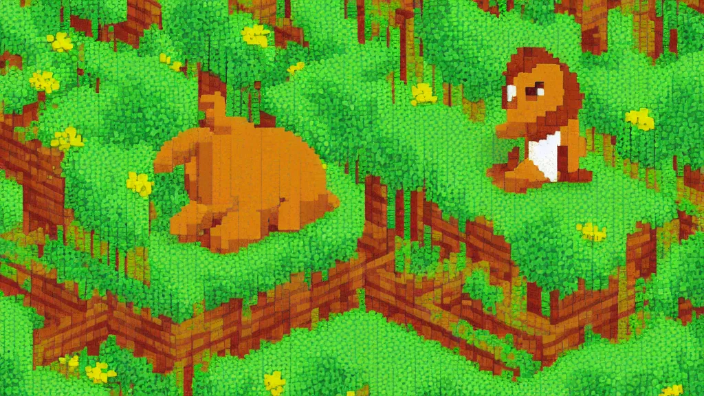 Prompt: a pixelart of a baby dinosaur in a green park.