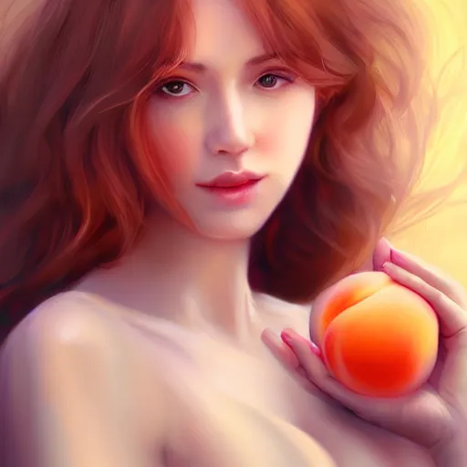 Prompt: Beautiful woman holding a peach, detailed digital art by WLOP and Artgerm